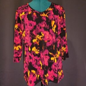 Susan Graver Long Sleeve Top - Pink and Yellow Abstract